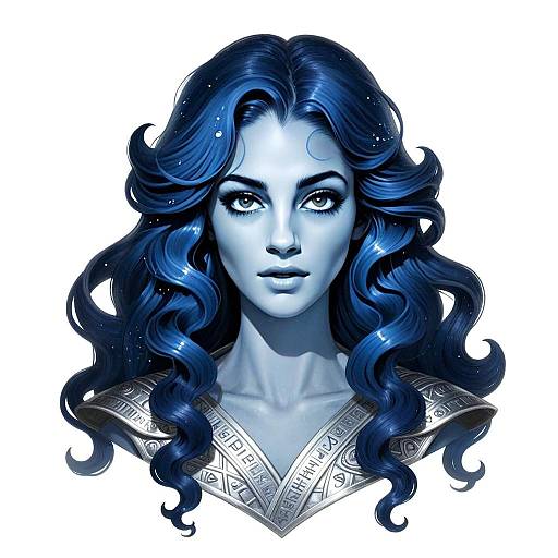 Fantasy Digital Artwork of Blue-Haired Woman in Ancient Armor