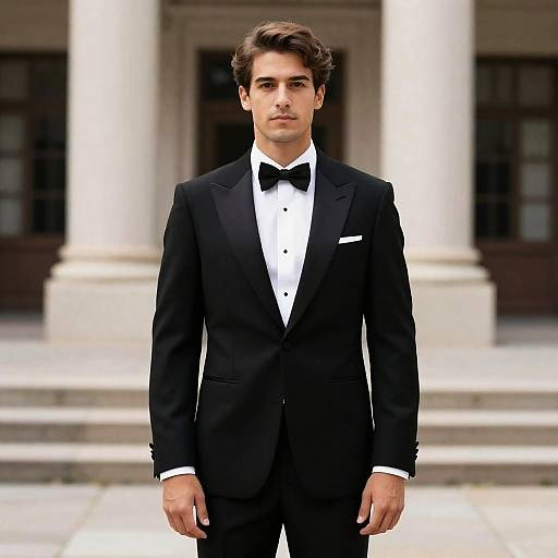 Groom in Black Tuxedo Standing Outside Classical Building