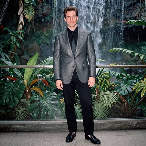 Man in Modern Suit Standing by Tropical Waterfall and Plants