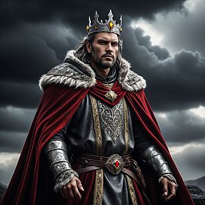 Regal Man in Silver Crown and Armor Against Stormy Sky