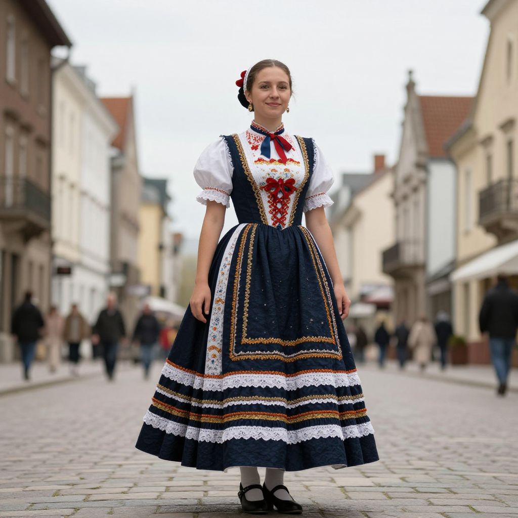 Young Woman Wearing Traditional Eastern European Folk Costume on Cobblestone Street