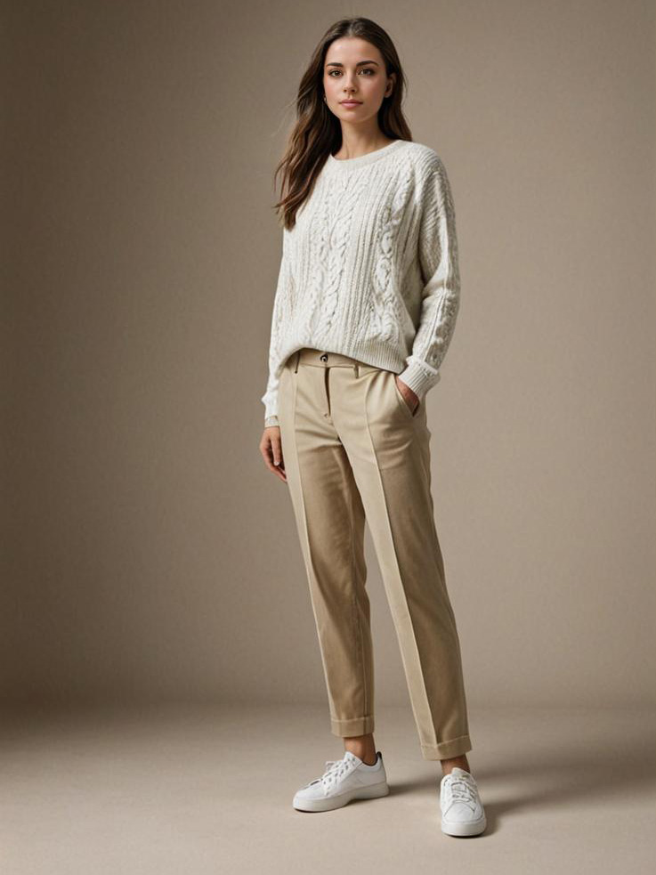 Confident Woman in Casual Cream Sweater and Beige Trousers