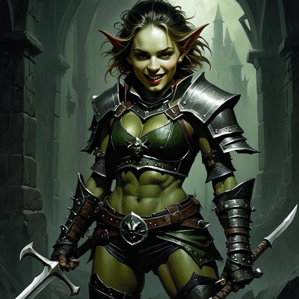 Green Orc Woman Warrior in Dark Medieval Armor with Dual Weapons