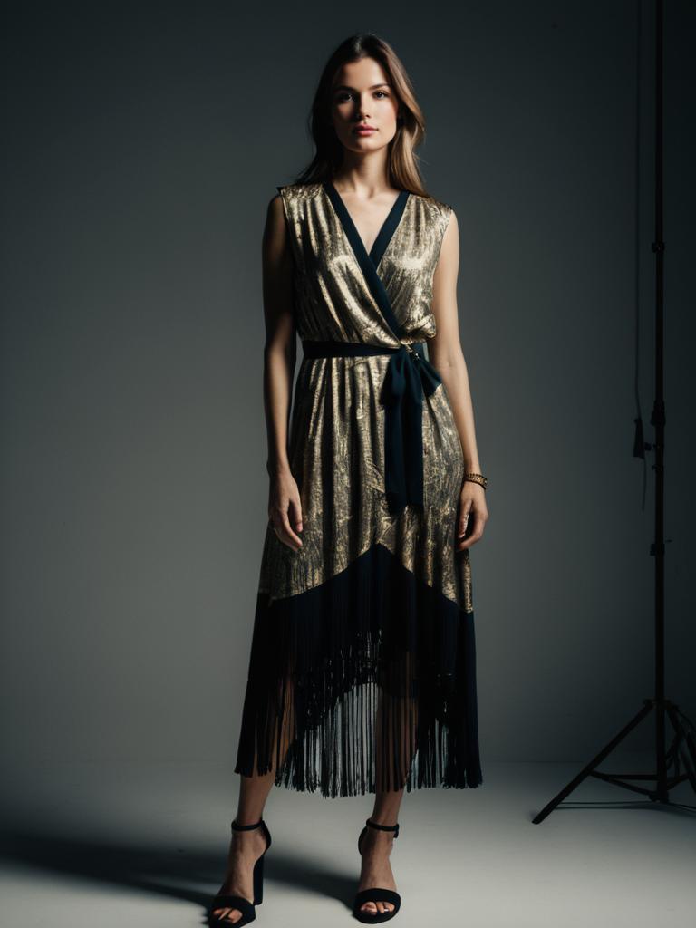 Woman Wearing Metallic Sleeveless Evening Wrap Dress with V-Neckline