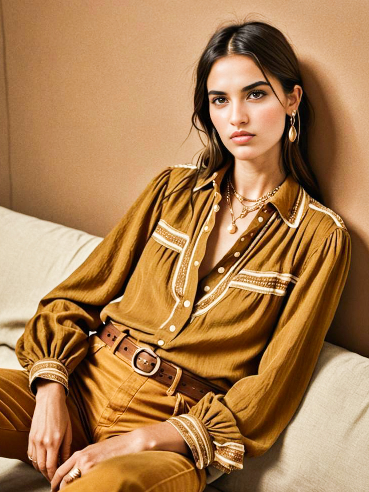 Chic Woman in Brown Blouse with Jewelry