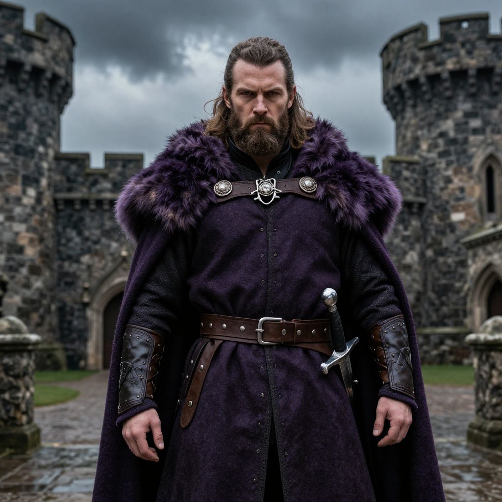 Medieval Warrior in Purple Cloak with Sword at Stone Castle
