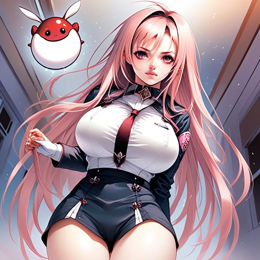 Anime Woman with Pink Hair and Futuristic Uniform with Floating Creature
