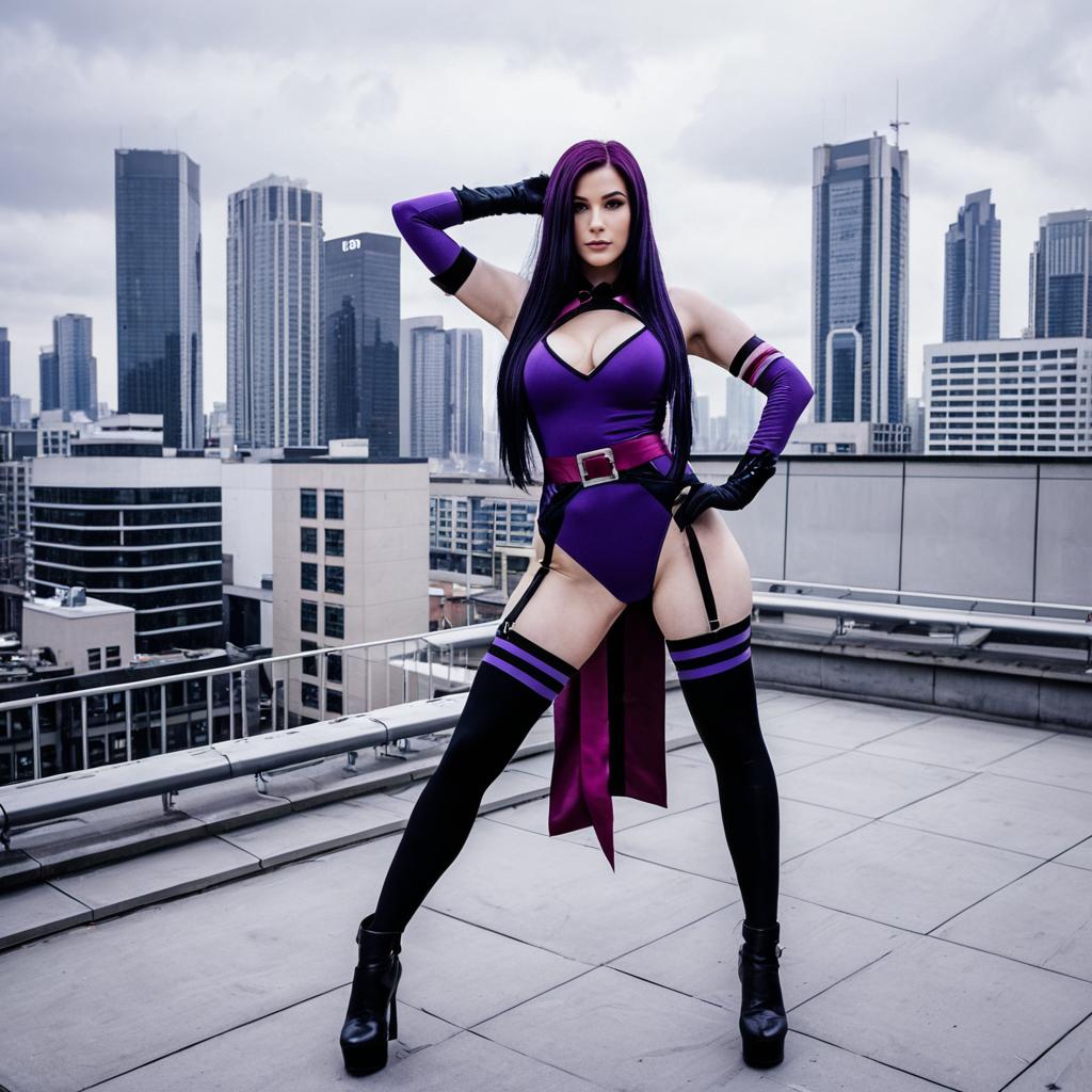 Cosplay Woman in Purple and Black Costume on Urban Rooftop with City Skyline