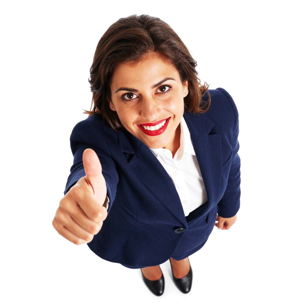 Confident Business Woman Giving Thumbs Up Gesture in Navy Suit
