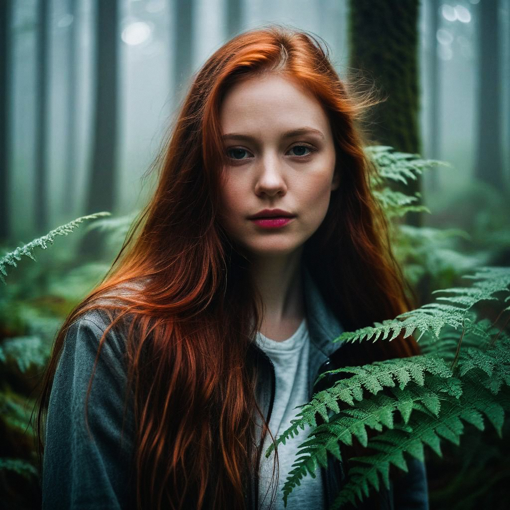 Young Woman in Misty Forest with Ferns