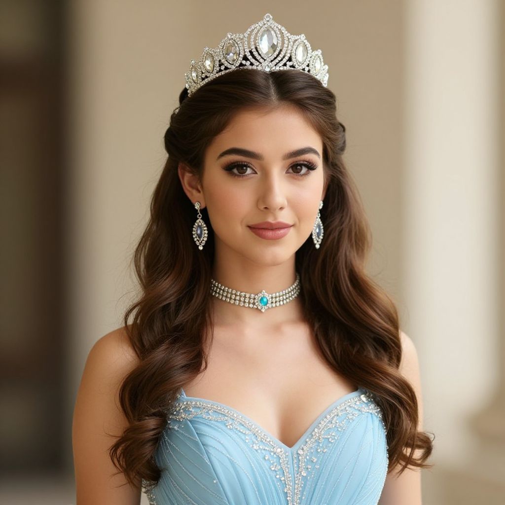 Elegant Young Woman in Light Blue Gown with Tiara and Jewelry
