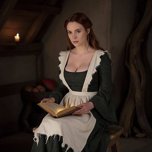 Medieval Style Woman Reading Book in Candlelit Rustic Room