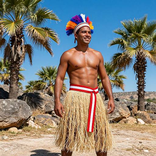 Man Wearing Traditional Feathered Headdress and Straw Skirt Outdoors