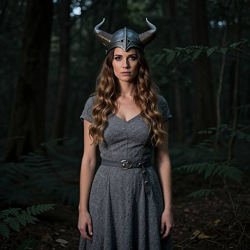 Woman in Viking Helmet and Gray Dress in Dark Forest