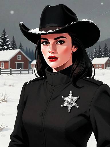 Digital Art of Woman Sheriff in Snowy Rural Winter Landscape