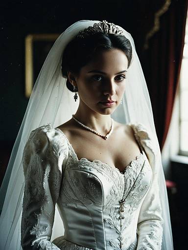 Regal Woman in Vintage Wedding Dress Cinematic Bridal Portrait
