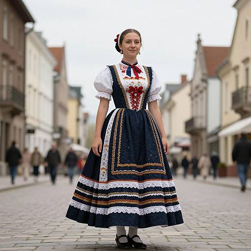 Young Woman Wearing Traditional Eastern European Folk Costume on Cobblestone Street