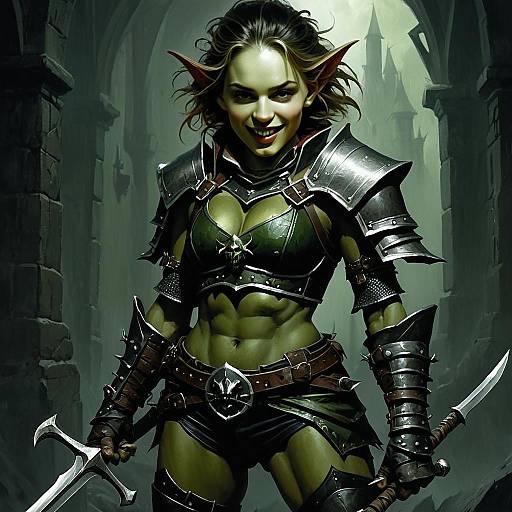 Green Orc Woman Warrior in Dark Medieval Armor with Dual Weapons