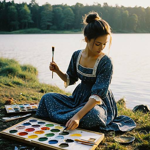 Young Woman Painting Outdoors by Lake in Vintage Blue Dress