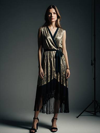 Woman Wearing Metallic Sleeveless Evening Wrap Dress with V-Neckline