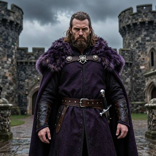 Medieval Warrior in Purple Cloak with Sword at Stone Castle