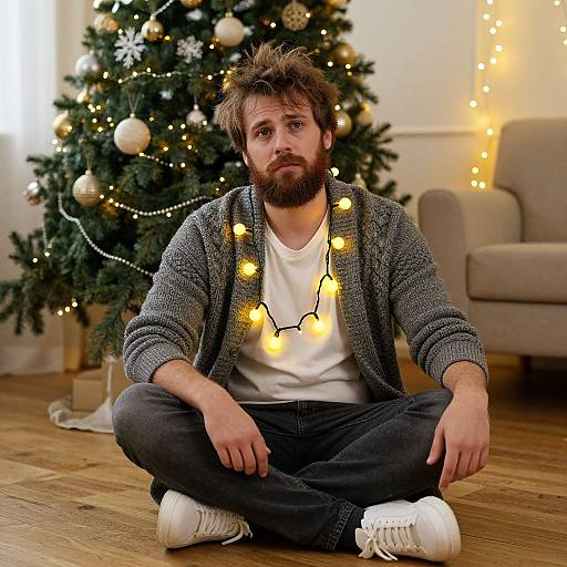Tired Man Sitting with Christmas Lights in Front of Decorated Tree
