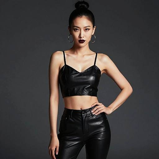 Gen Z Fashion Woman in Black Leather Crop Top and Pants
