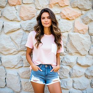 Confident Young Woman in Pink T-Shirt and Denim Shorts