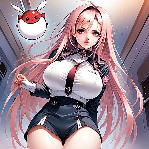 Anime Woman with Pink Hair and Futuristic Uniform with Floating Creature