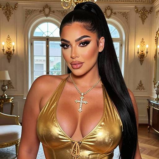 Glamorous Woman in Gold Halter Top with Cross Necklace in Elegant Room