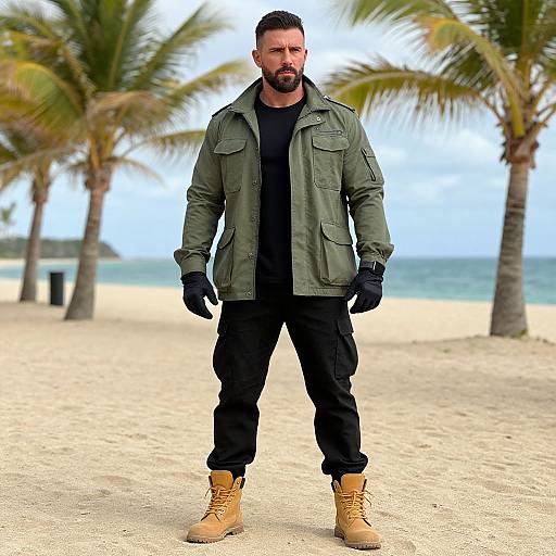 Man in Military Jacket and Cargo Pants Standing on Beach with Palm Trees