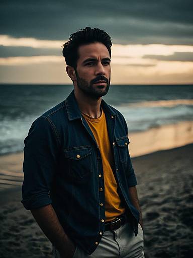 Man in Summer Casual Costume Candid Portrait at Beach Sunset