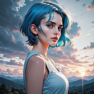 Woman with Blue Hair at Sunset Over Mountains
