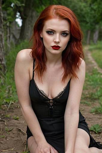 Red-Haired Woman in Black Lace Dress Outdoor Portrait