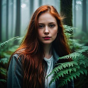 Young Woman in Misty Forest with Ferns