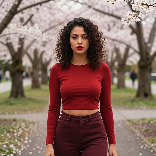 Stylish Gen Z Woman in Red Crop Top Under Cherry Blossoms