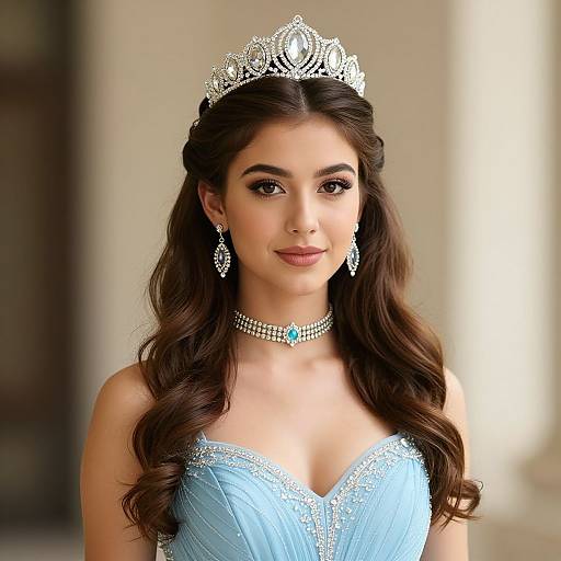 Elegant Young Woman in Light Blue Gown with Tiara and Jewelry