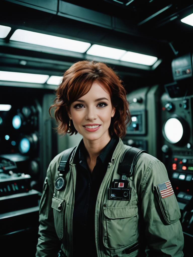 Woman in Green Flight Suit Inside Spacecraft - Retro Sci-Fi