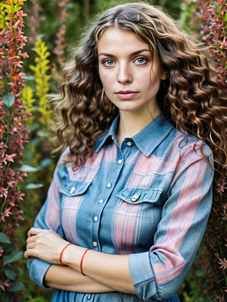 Confident Woman in Denim Shirt Amidst Vibrant Foliage