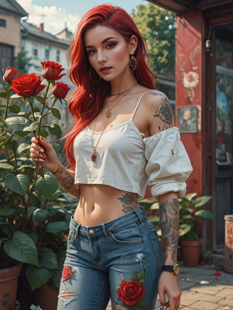 Tattooed Woman with Red Hair in Ripped Jeans