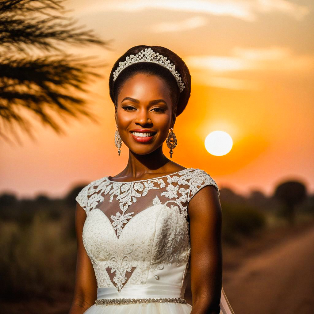Radiant Bride in Sunset with Elegant Lace Dress Radiant Bride in Sunset with Elegant Lace Dress
