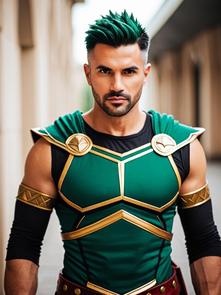 Achilles-Inspired Male Warrior in Green and Gold Armor Costume