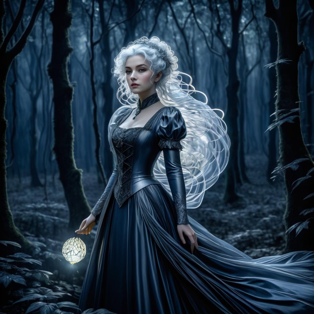 Enchanting Woman with Silver Hair in Dark Gown Holding Glowing Orb