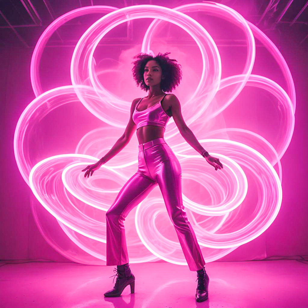 Confident Woman in Vibrant Pink Outfit with Swirling Lights