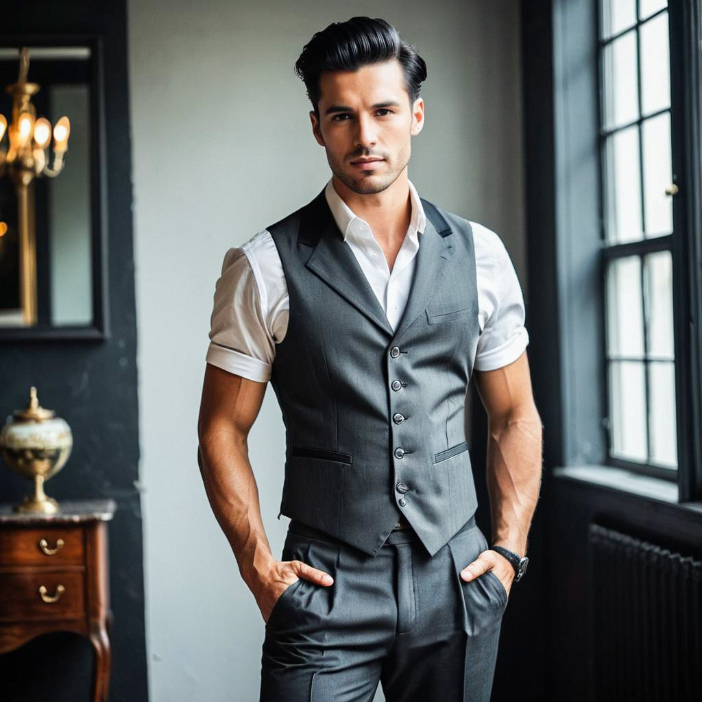 Confident Young Man in Tailored Grey Vest and Trousers