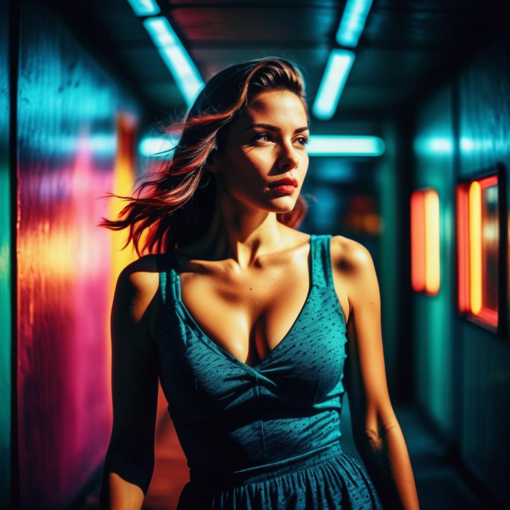 Confident Woman in Neon Corridor