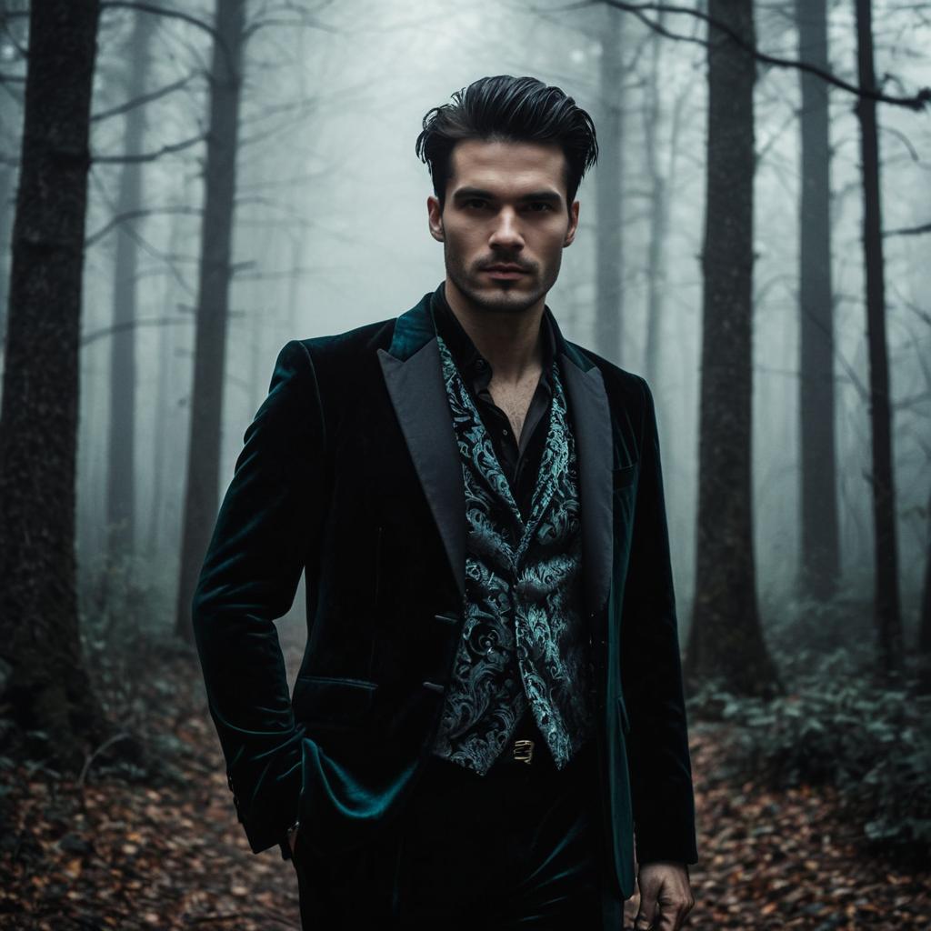 Handsome Man in Velvet Suit in Foggy Forest