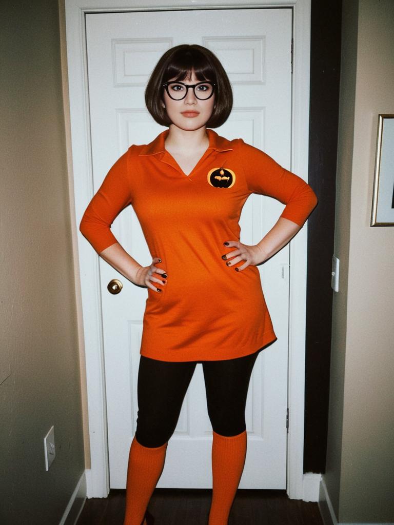 Classic Velma Halloween Costume with Pumpkin Emblem and Black Glasses