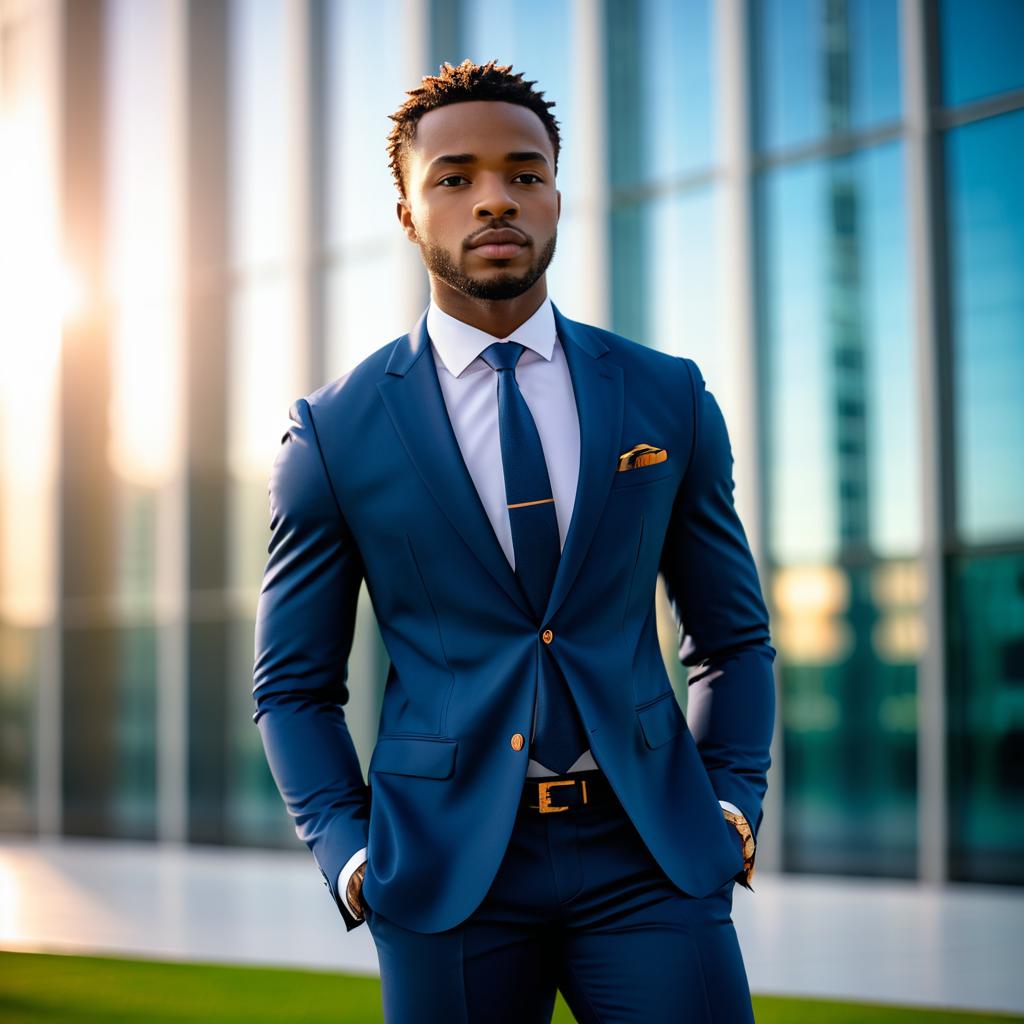 Confident Man in Navy Suit Against Modern Architecture