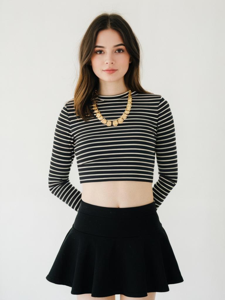 Woman in Modern Casual Horizontal Striped Cropped Long Sleeve Top and Black Skirt